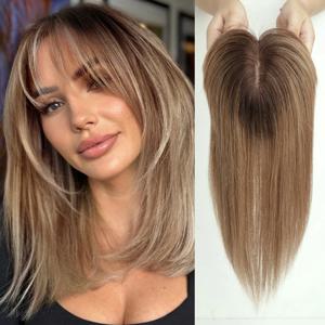 100% 진짜 인간의 머리카락 토퍼 앞머리 실크베이스 3 클립 조각 옹 브르 브라운 스트레이트 인간 토퍼 머리카락 여성용 헤어 익스텐션