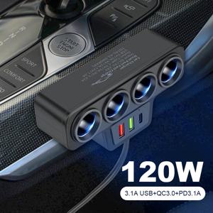 차량용 휴대폰 충전기 담배 라이터 어댑터, PD 3.1A QC3.0 멀티 포트, 고속 충전 USB 충전 소켓 분배기 플러그, 120W