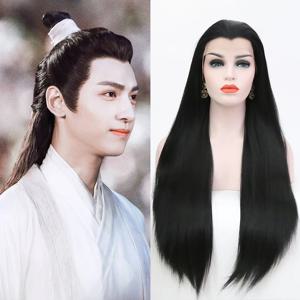 AIMEYA 긴 직선 레이스 가발 13X4 레이스 정면 무료 부분 합성 머리 가발 여성을위한 특별한 헤어 라인 코스프레 블랙 가발