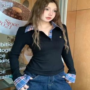 대학생 스타일 반팔 롱셔츠 여성 이너웨어 티셔츠 슬림핏 봄 가을 디자인 감각 베이스 레이어 셔츠