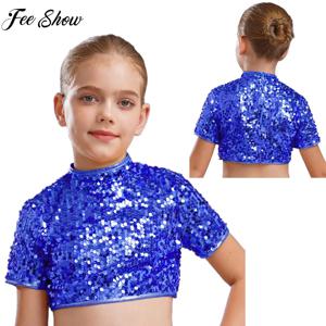 청소년 소녀 스팽글 현대 재즈 힙합 스트리트 발레 댄스 의상 탑 짧은 소매 자르기 탑 공연 생일 파티 의상