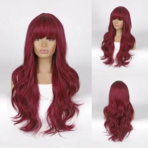 파티나 일상생활용 앞머리가 있는 긴 곱슬머리를 위한 레드 와인 컬러 합성 가발입니다. 고온 헤어 섬유 가발.