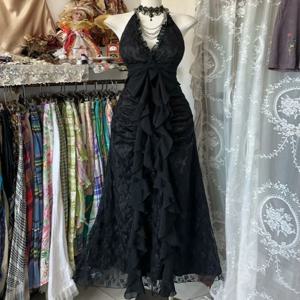 프랑스 빈티지 슬림 슬래시 목 민소매 드레스 여성 고딕 Y2k v 넥 블랙 여름 드레스 하이 스트리트 세련된 스키니 의류