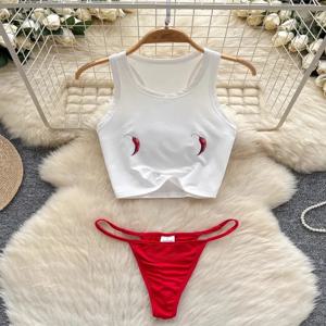 Foamlina 해변 해변 정장 여성 수영복 투피스 세트 순수한 욕망 민소매 프린트 티셔츠 조끼 비키니 트라이앵글 반바지