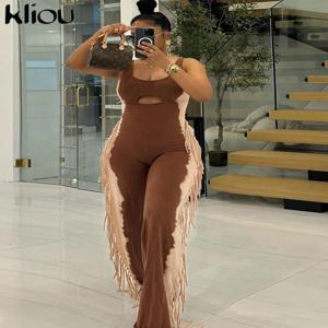Kliou Tassel Paneled Jumpsuits 여성 캐주얼 스트리트 패션 U 넥 민소매 속이 빈 오버올 여성 독특한 멋진 복장