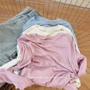 솔리드 실크 울 베이스 스웨터 여성용 라운드 넥 긴팔 탑 티셔츠