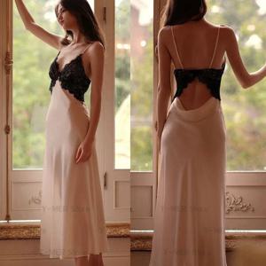 섹시한 Chemise 잠옷 레이스 Backless Nightdress 얼음 실크 잠옷 여성 란제리 긴 홈 드레싱 가운 잠옷 Loungewear