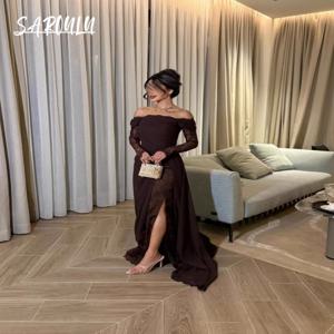 커피색 빅 스윙 레이스 이브닝 드레스 우아한 오프숄더 카프탄 프롬 가운 아바야 섹시한 사이드 슬릿 인기 있는 정장 파티복