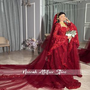 레드 아플리케 긴 소매 두바이 고급스러운 여성 웨딩 드레스 2025 Train Vestido De Noiva Tulle robe de mariée Customized