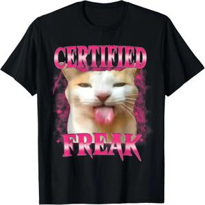 Certified Freak Eating Cement Unhappy Cat Funny Cat Expression Pack 티셔츠 여성 여름 라운드 넥 티셔츠 남성용 블랙 Y2K