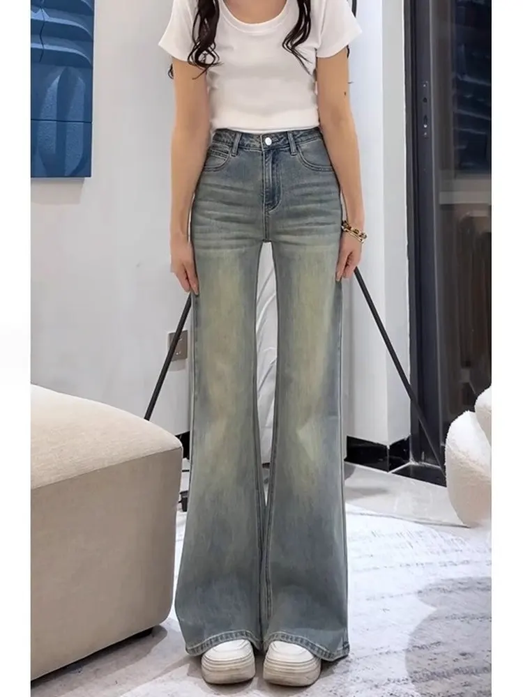 레트로 플리스 안감 플레어 진 여성용 가을 겨울 플러스 사이즈 슬림 부츠컷 팬츠 하이웨이스트 지퍼 캐주얼 코튼 데님