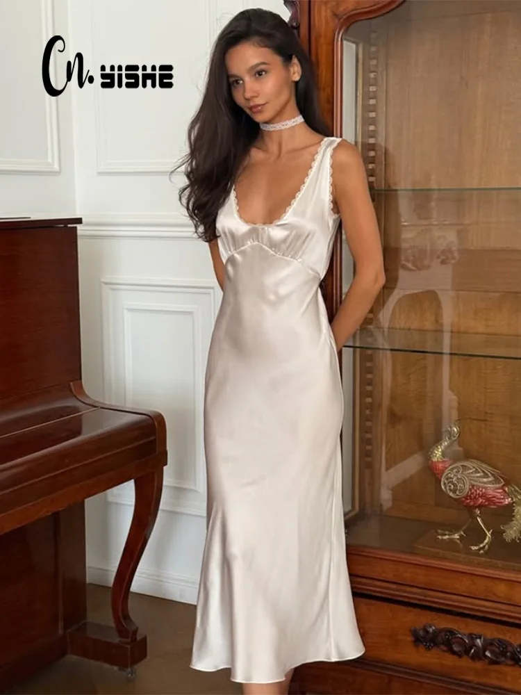 CNYISHE 레이스 패치 워크 솔리드 V 넥 시스 여성 드레스 파티 우아한 의상 패션 Bodycon 여성 Vestidos 가운 민소매