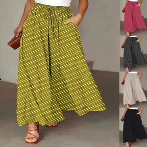 2025 봄/여름 보헤미안 와이드 레그 팬츠 (신축성 있는 허리밴드, 물방울 무늬 프린트 롱 스커트 팬츠) 여성용