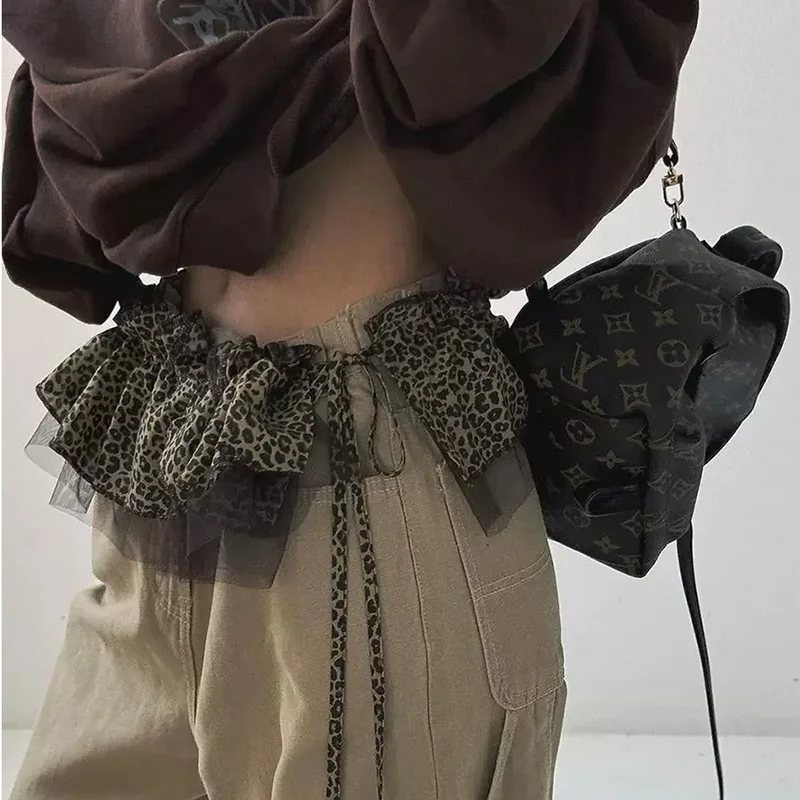 레오파드 프린트 힙 스카프 스커트 패션 힙합 스위트 셔츠 익스텐더 러플 엣지 허리밴드 메쉬 레이어 아웃핏 벨트 (스트릿웨어용)
