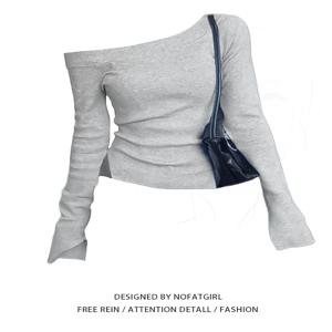 오프숄더 긴팔 티셔츠 여성 원숄더 슬림핏 베이직 무지 티셔츠 여성 스플릿 캐주얼 탑 봄 가을 겨울