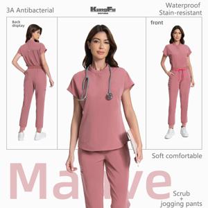 쿵푸 스크럽 간호사 유니폼 여성 의료 스크럽 세트 항균 주름 방지 셔츠 바지 색바램 방지 의사복