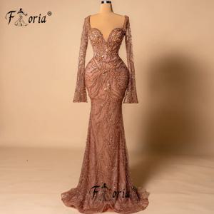 럭셔리 브라운 비즈 레이스 머메이드 이브닝 드레스 진주 시스루 프롬 드레스 정장 파티 가운 여성용 드레스 2025
