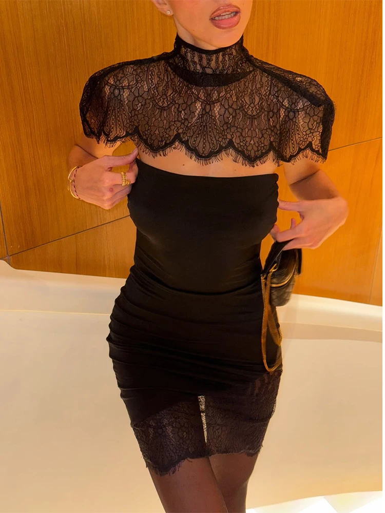 섹시한 블랙 레이스 패치워크 스트랩리스 드레스 여성 시크 케이프 숄 허리 조임 슬림 미니 드레스 여성 이브닝 클럽 파티 가운