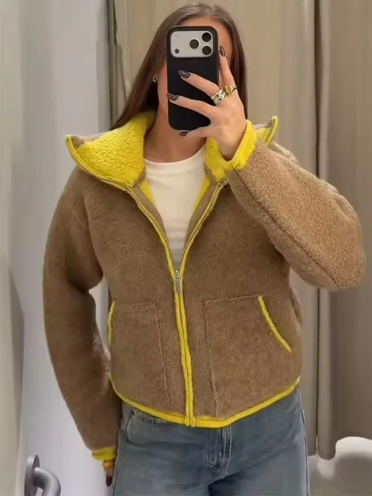 2025 가을 캐주얼 재킷 코트 패션 대비 색상 디자인 긴 소매 지퍼 재킷 여성용 스트리트웨어 캐주얼 아우터웨어 ﻿