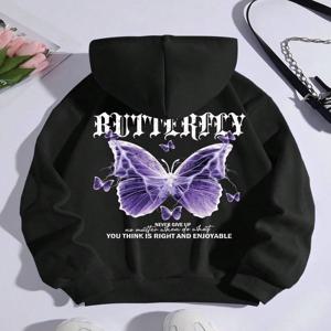 아름다운 보라색 나비 인쇄 후드 여성 양털 포켓 Hoody 간단한 캐주얼 까마귀 가을 느슨한 여성 streetwear