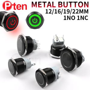 12/16/19/22mm 블랙 쉘 푸시 버튼 스위치 금속 방수 래칭 순간 LED 라이트 자동차 엔진 전원 스위치 블루 레드 HUSA
