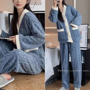 2 개/대 가을, 겨울 잠옷 여성 두꺼운 패딩 따뜻한 학생 산호 소녀 응고 벨벳 정장 Homewear 카디건 바지