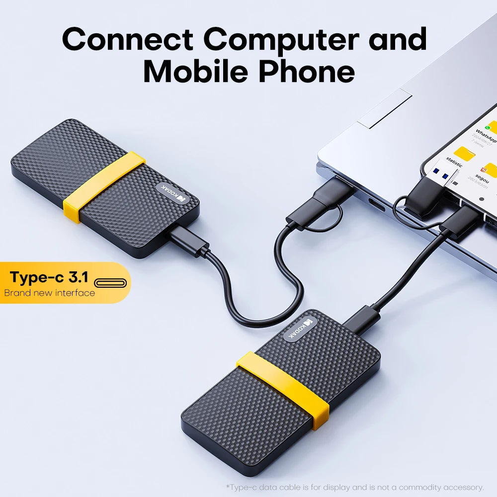 KODAK X200 휴대용 SSD, 외장 드라이브 하드 디스크, 노트북, 스마트폰, PC용, 1TB, C타입, USB3.1, 512GB, 256GB