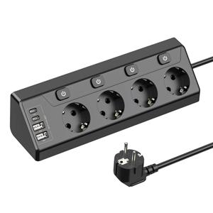 유럽 ​​데스크탑 다중 접점 전원 스트립, USB-A 2개 및 Type-C 코너 전원 소켓 2개, 2M 연장 코드, 홈 오피스 주방