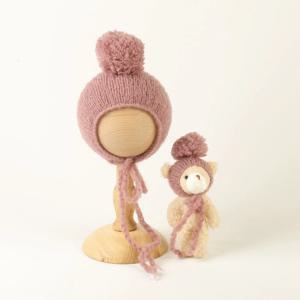 아기 모자 및 장난감 세트, 신생아 사진 소품, 니트 부드러운 보넷 곰 장난감, 모자 착용 아기 사진 촬영 액세서리