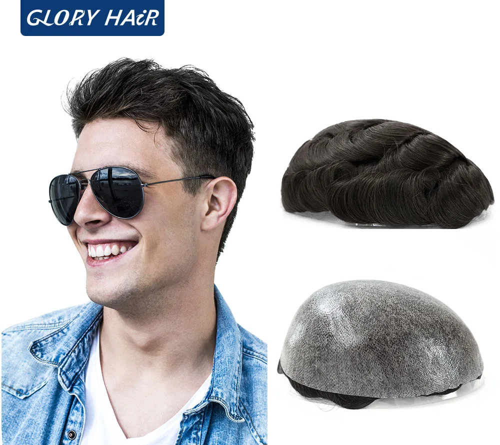 0.12-0.14mm 인젝션 얇은 피부 남성용 헤어 프로테시스 인도산 인모 남성용 가발 성인 모발 보충제 헤어 패치