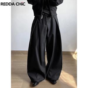 ReddaChic 사무 작업 검은 드레스 바지 캐주얼 일반 Cleanfit Pleated 넓은 다리 낮은 허리 정장 바지 미니멀리스트 남성 의류