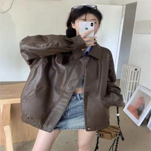 2025 가짜 가죽 자켓 여성 미국 빈티지 솔리드 Pu 느슨한 캐주얼 바이커 아웃웨어 streetwear 코트 여성