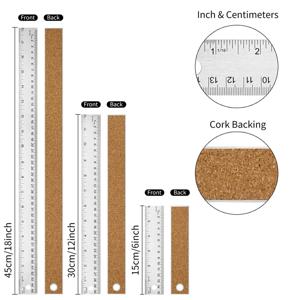 코르크 뒷면이 있는 3 PCS 금속 눈금자, 표시된 6+12+18인치 스테인레스 스틸 눈금자 - 학교 사무용 도구용 제국 및 미터법