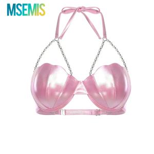 여성용 글리터 비키니 수영복 브라탑 홀터넥 진주 체인 인어 수영복 약간 패드가 있는 수영 상의 비치 파티 수영복