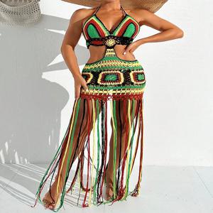 여성 여름 크로 셰 뜨개질 홀터넥 딥 브이 넥 커버 업 여러 가지 빛깔의 수영복 긴 술 비키니 니트 드레스 커버 업 Backless Beachwear