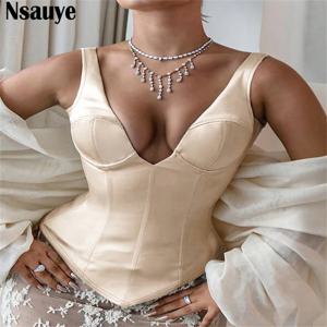 Nsauye 여성 미니 스키니 Y2K 섹시 클럽 언더웨어 코르셋 크롭 탑 여름 패션 우아한 새틴 브이넥 시크 베스트 탱크 탑 2025