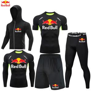 레드 불 패션 5 조각 남성 러닝 스포츠 의류 세트 피트니스 조깅 압축 정장 훈련 의류 드라이 피트 레깅스