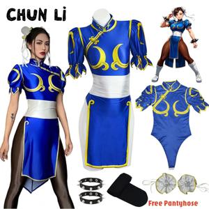 여자 스트리트 파이터 Chun Li 코스프레 의상 게임 파이터 Chunli 블루 Cheongsam 머리 장식과 허리띠 할로윈 의상