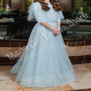 사용자 정의 라이트 블루 멋진 꽃의 소녀 드레스 메쉬 하프 슬리브 첫 성찬식 공식 이벤트 하이틴 이브닝 드레스