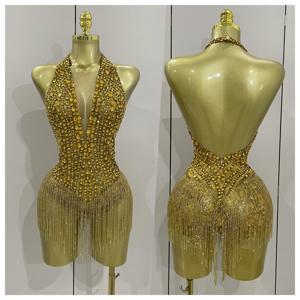 럭셔리 골드 라인스톤 섹시 메쉬 스트레치 바디수트 여성 생일 댄서 공연 무대 의상 나이트클럽 팀 핫와이프 의상