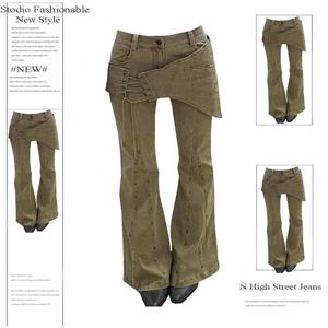 가을 겨울 여성 고블린 코어 로우 웨이스트 플레어 데님 팬츠 패치 워크 일본 Abi Y2k 하라주쿠 벨 바텀 스키니 진 그런지