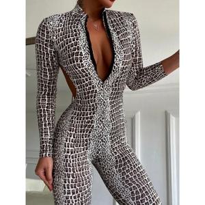 Krisnanas 여성용 점프 슈트 섹시한 실버 뱀 가죽 프린트 랩 스타킹 백리스 긴 소매 바디 슈트 스포츠웨어 체육관 의류 98657