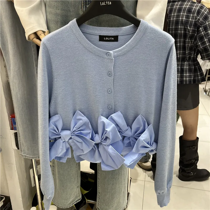 한국 스타일 니트 반팔 라운드 넥 오픈 가디건 여성 패션 헤비 장식 나비 매듭 가을 신상품