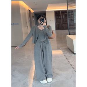 한국 스타일 순색 루즈핏 3피스 세트 여성 패셔너블 가을 신상 캐주얼 와이드 팬츠 오픈 가디건 앙상블
