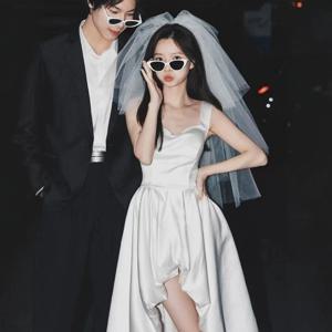 새틴 스트랩리스 심플 화이트 신부 드레스 여성 미니어처 신부 하이 웨이스트 가운 빈티지 스타일 성인 예식 드레스