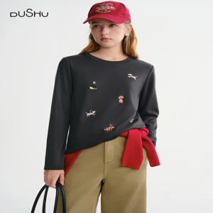 DUSHU 강아지 재미있는 자수 얇은 플리스 긴팔 티셔츠 여성용 가을 겨울 이너웨어 상의 달콤한 캐주얼
