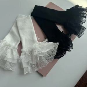 1쌍 니트 패치워크 레이스 팔토시 여성용 따뜻한 가을 겨울 긴 장갑 트렌디한 신축성 있는 의류 장식 실 장갑