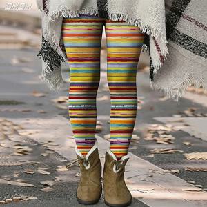 여성용 레깅스 스트라이프 프린트 아웃도어 바지 폴리에스터 스판덱스 신축성 있는 허리밴드, 가을 겨울 스트리트웨어