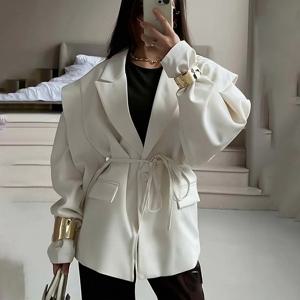 Zekye 여성용 블레이저 고급 스타일 2025 봄 가을 유럽 우아한 출퇴근룩 허리끈 벨트 패드 숄더