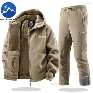 맥스바리 겨울 스포츠웨어 세트 남성용 레트로 트레이닝 두꺼운 플리스 재킷 + 바지 투피스 세트 캐주얼 스키 러닝 트랙수트